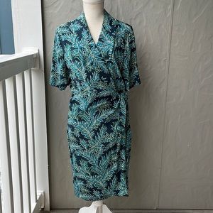 Adrianna Papell Vintage 100% Silk Leaf Print Faux Wrap Dress Blue/Green …